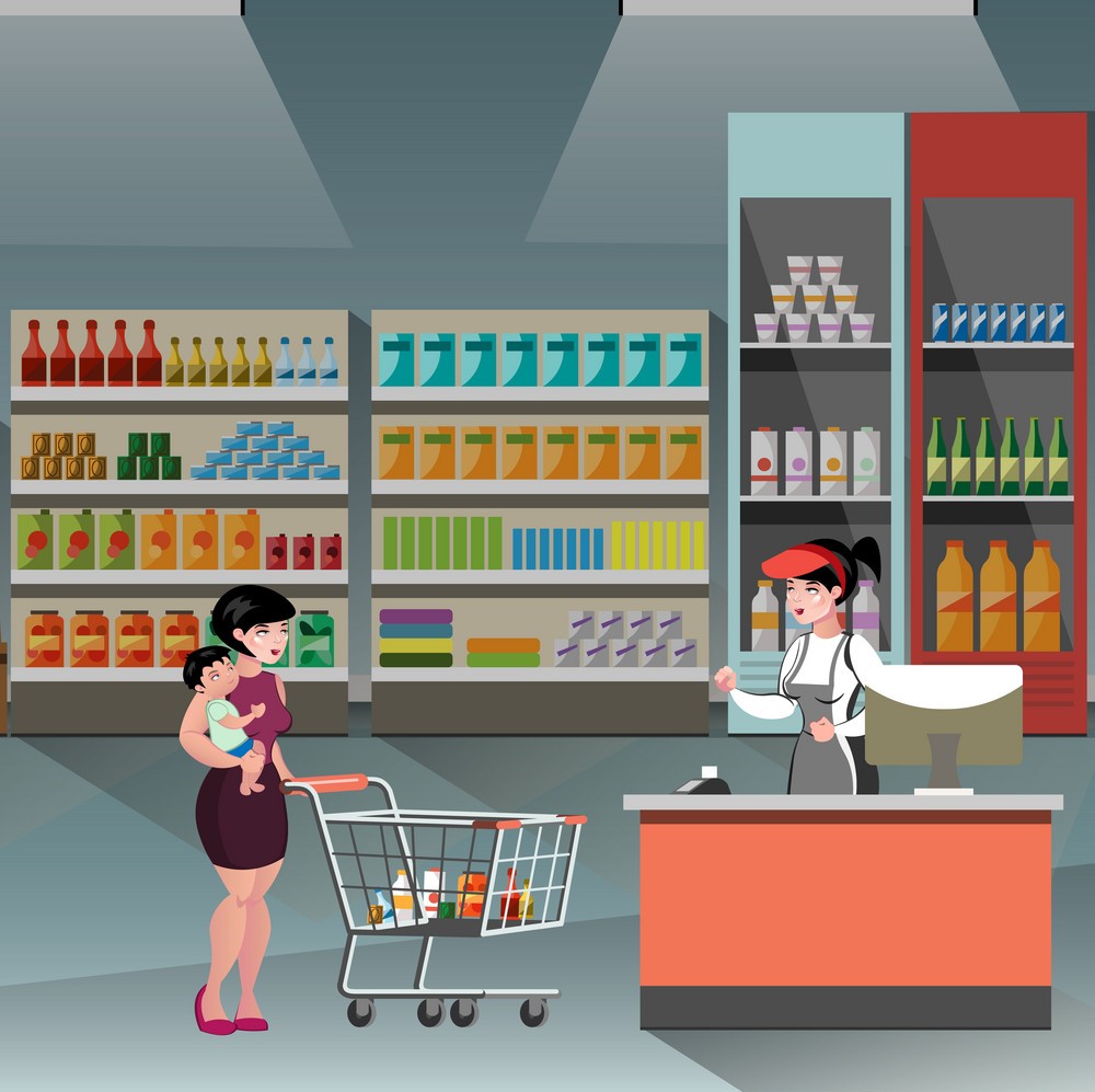 woman in supermarket with casher girl vector 18544577